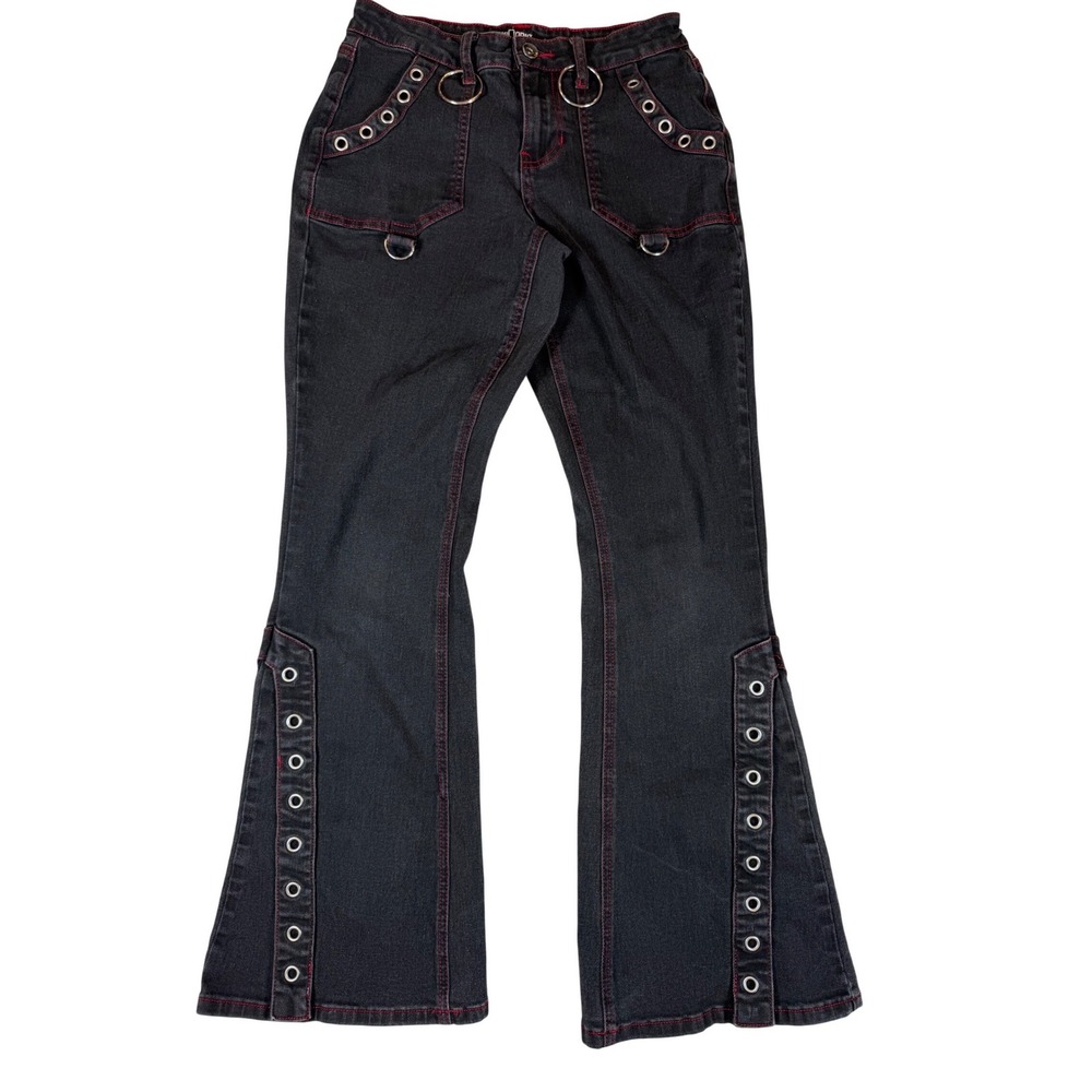 Hot Topic Black Red Contrast Stitch Grommet O-Ring Flare Jean Mall Goth Punk Y2K